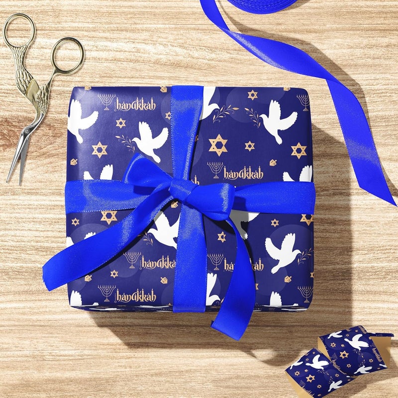 Cuitpan Hanukkah Wrapping Paper - Festival Gift Wrap with Doves, Menorahs, Star of David & Hanukkah Design - Perfect for Jewish Holiday Presents - 40×28 Inches, 4 Folded Sheets - Image 5